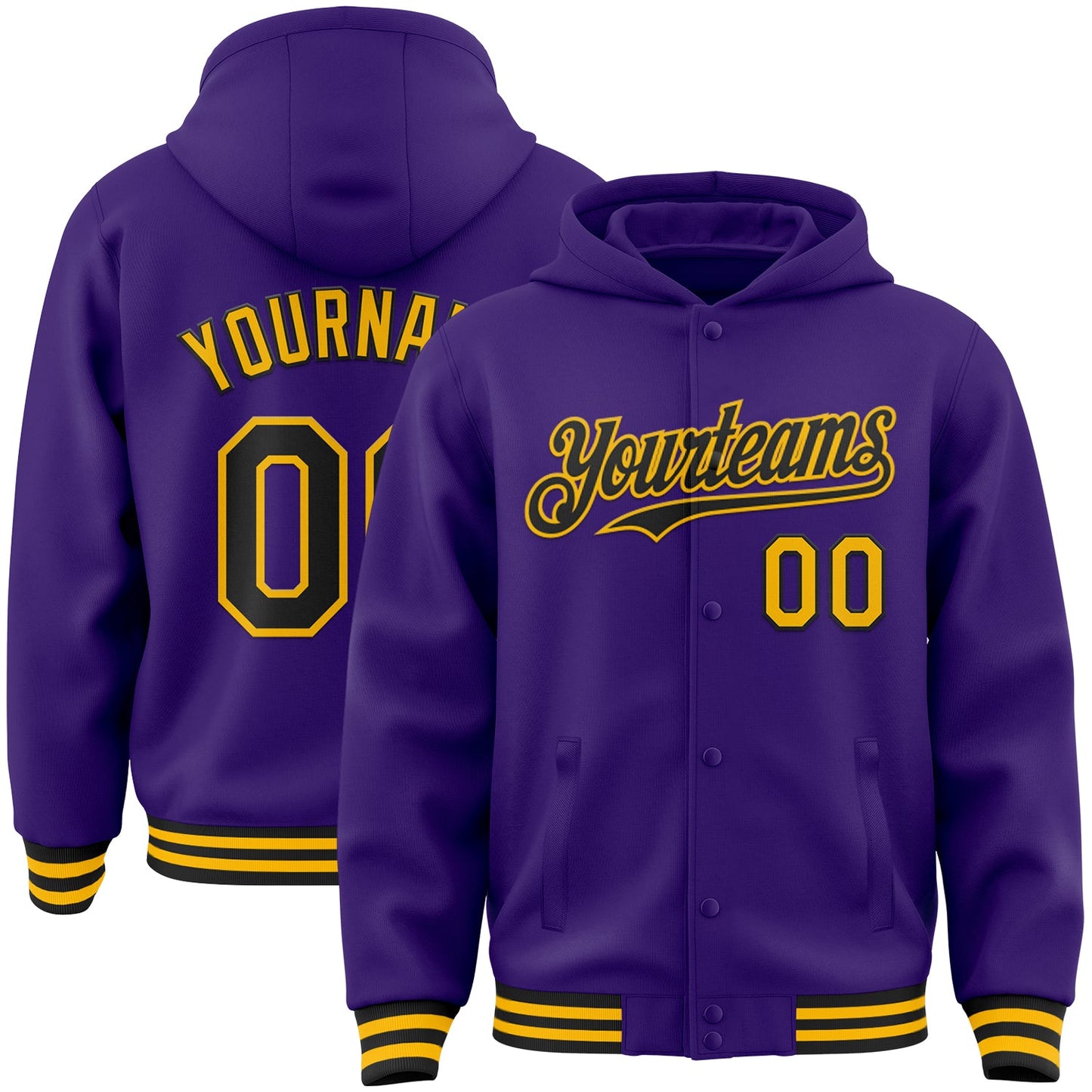 Custom Purple Black-Gold Bomber Full-Snap Varsity Letterman Hoodie Jacket - Main View
