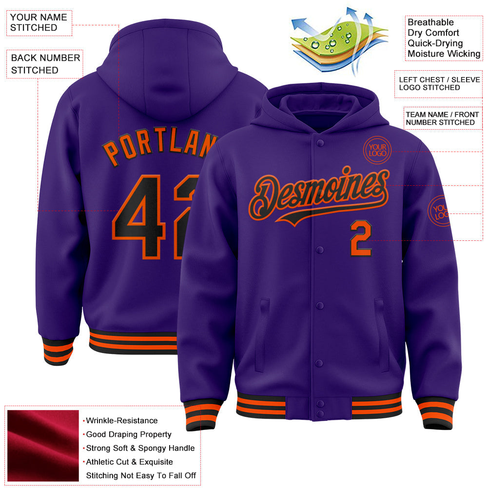 Custom Purple Black-Orange Bomber Full-Snap Varsity Letterman Hoodie Jacket view 3