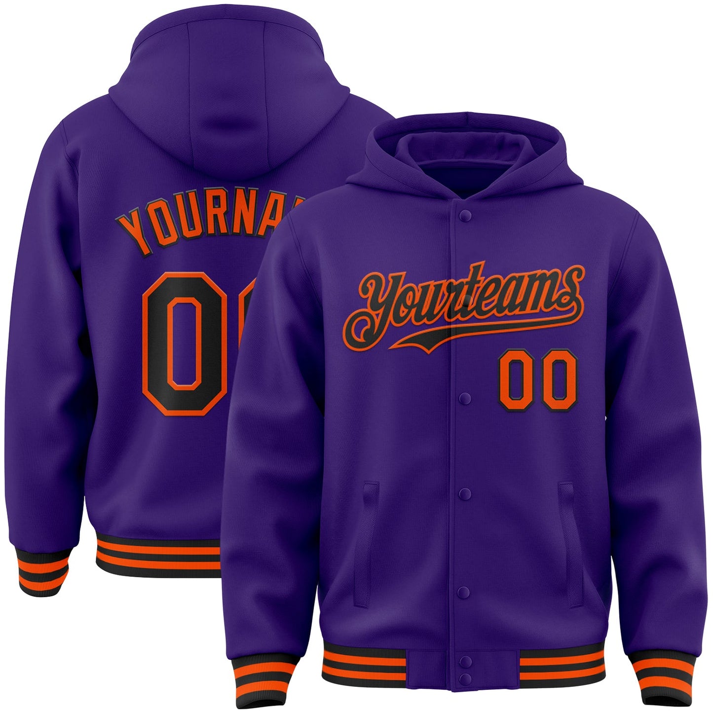 Custom Purple Black-Orange Bomber Full-Snap Varsity Letterman Hoodie Jacket - Main View