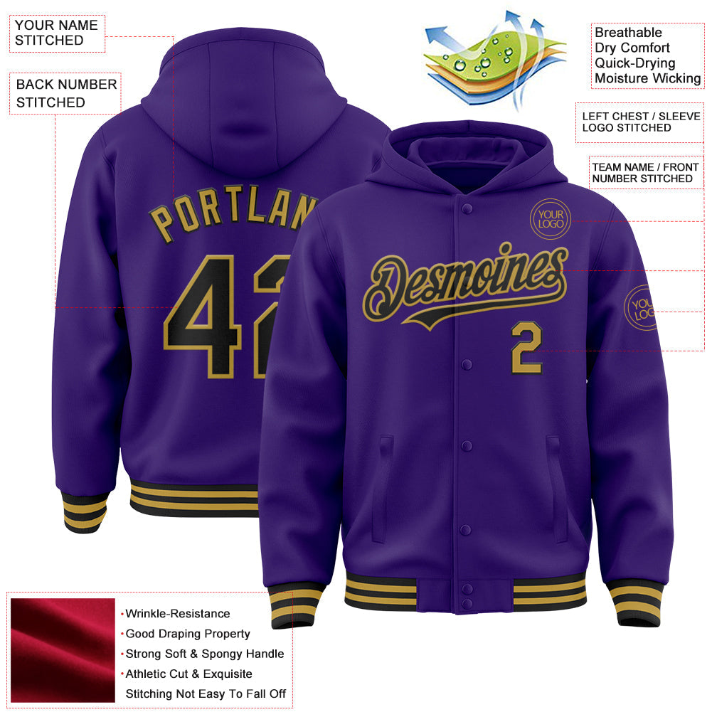 Custom Purple Black-Old Gold Bomber Full-Snap Varsity Letterman Hoodie Jacket view 3