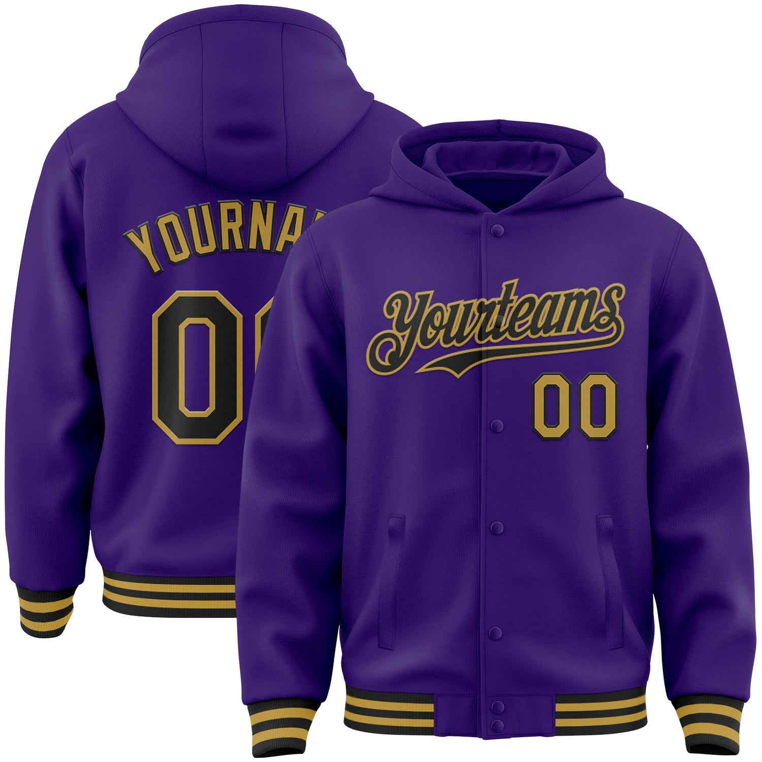 Custom Purple Black-Old Gold Bomber Full-Snap Varsity Letterman Hoodie Jacket - Main View