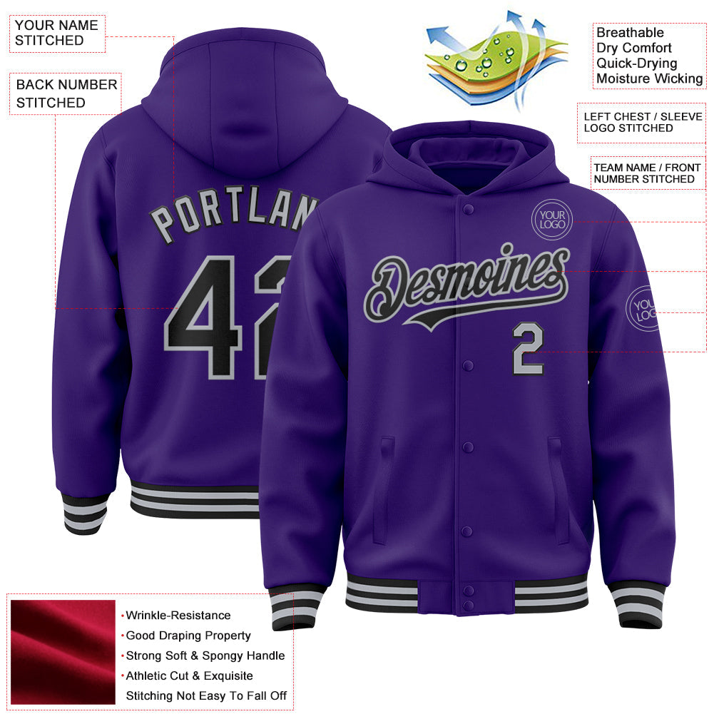 Custom Purple Black-Gray Bomber Full-Snap Varsity Letterman Hoodie Jacket view 3
