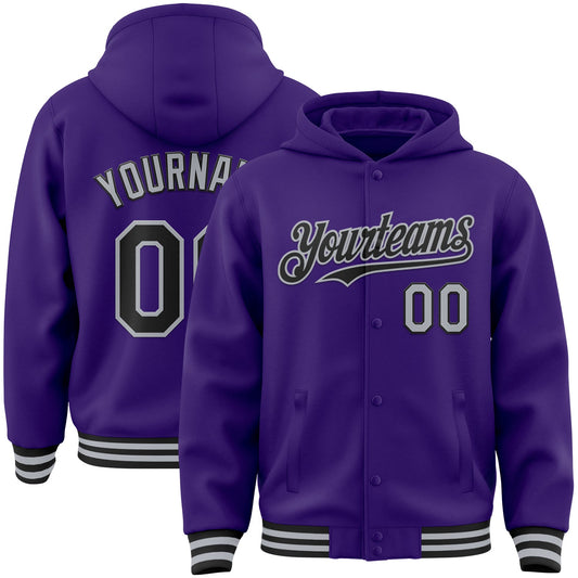Custom Purple Black-Gray Bomber Full-Snap Varsity Letterman Hoodie Jacket - Main View