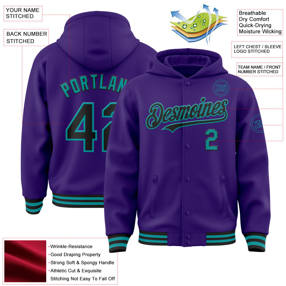 Custom Purple Black-Teal Bomber Full-Snap Varsity Letterman Hoodie Jacket view 3