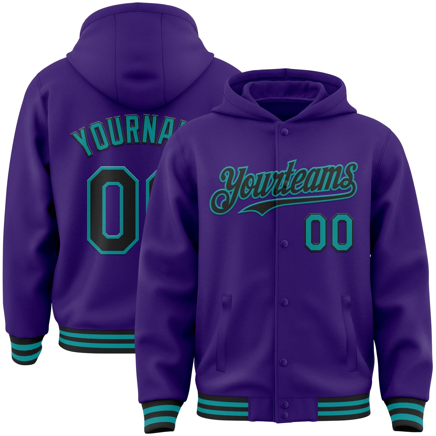Custom Purple Black-Teal Bomber Full-Snap Varsity Letterman Hoodie Jacket - Main View
