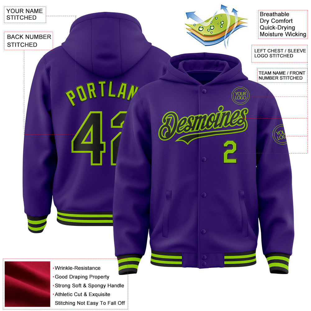 Custom Purple Black-Neon Green Bomber Full-Snap Varsity Letterman Hoodie Jacket view 3