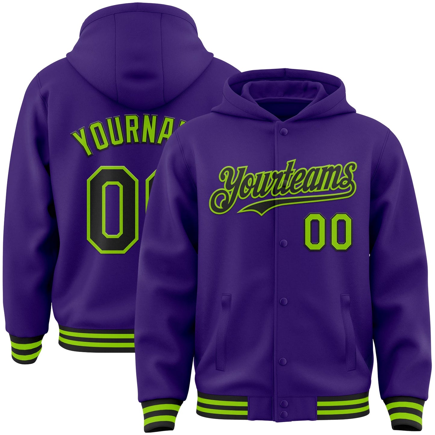 Custom Purple Black-Neon Green Bomber Full-Snap Varsity Letterman Hoodie Jacket - Main View