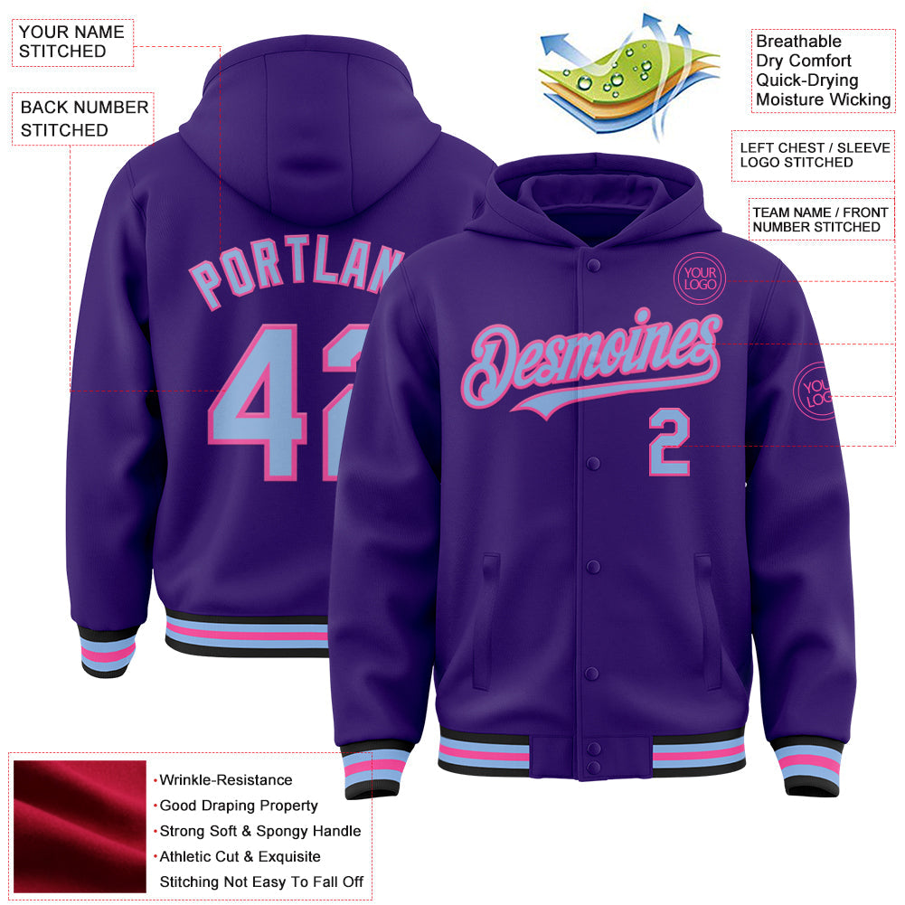 Custom Purple Light Blue Pink-Black Bomber Full-Snap Varsity Letterman Hoodie Jacket view 3