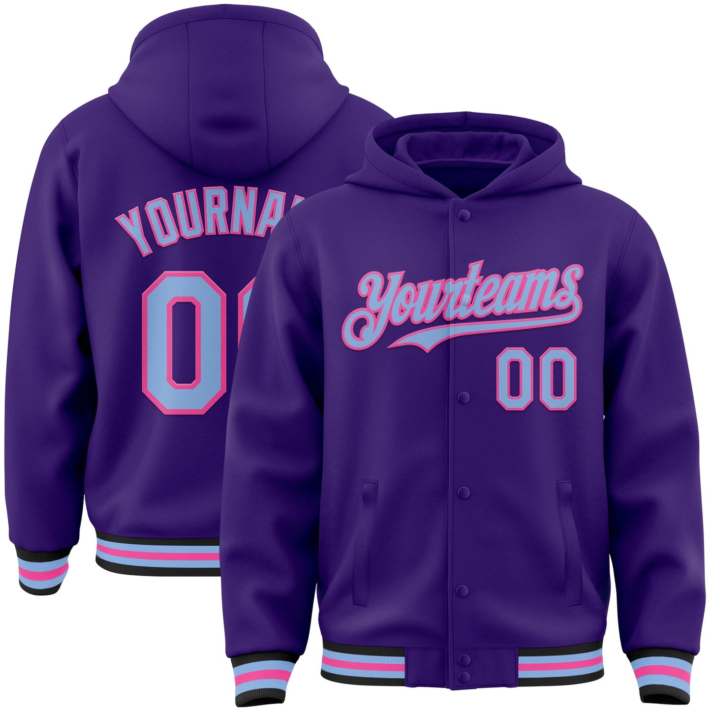 Custom Purple Light Blue Pink-Black Bomber Full-Snap Varsity Letterman Hoodie Jacket - Main View