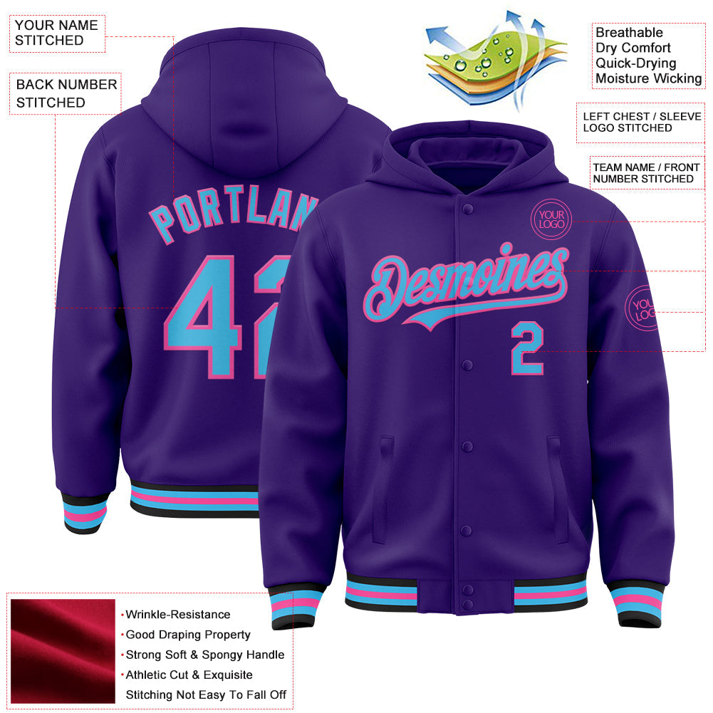 Custom Purple Sky Blue Pink-Black Bomber Full-Snap Varsity Letterman Hoodie Jacket view 3