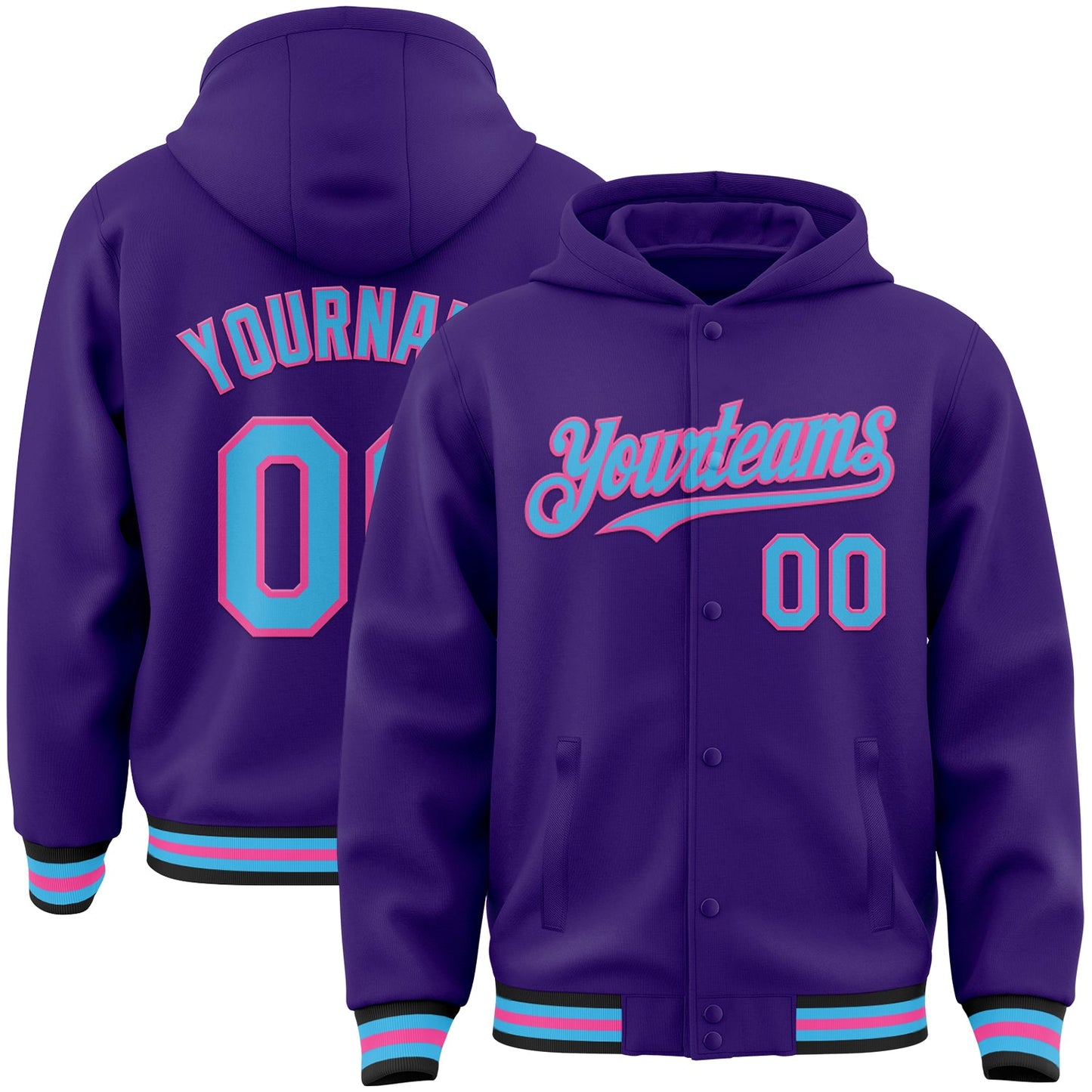 Custom Purple Sky Blue Pink-Black Bomber Full-Snap Varsity Letterman Hoodie Jacket - Main View