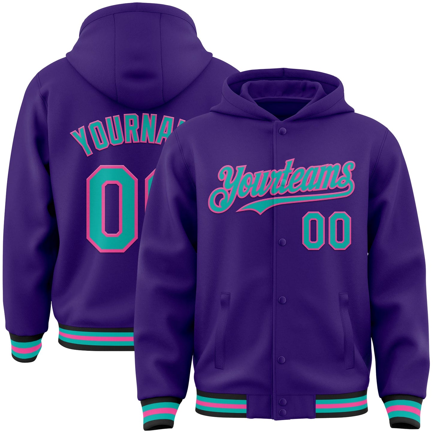 Custom Purple Aqua Pink-Black Bomber Full-Snap Varsity Letterman Hoodie Jacket - Main View