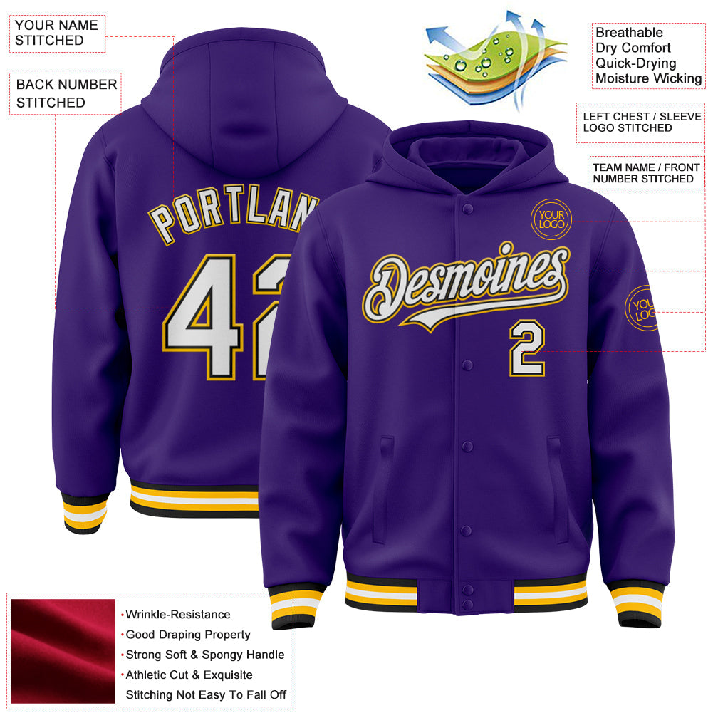 Custom Purple Black-Gold Bomber Full-Snap Varsity Letterman Hoodie Jacket view 3