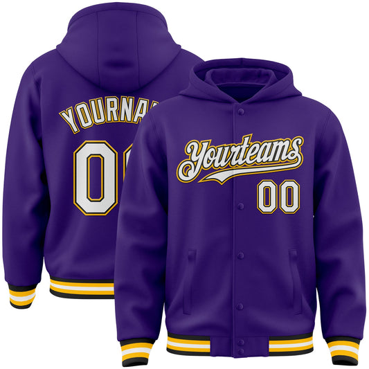 Custom Purple Black-Gold Bomber Full-Snap Varsity Letterman Hoodie Jacket - Main View