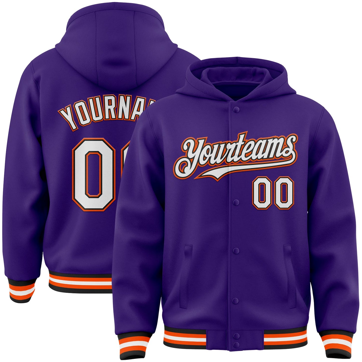 Custom Purple Black-Orange Bomber Full-Snap Varsity Letterman Hoodie Jacket - Main View