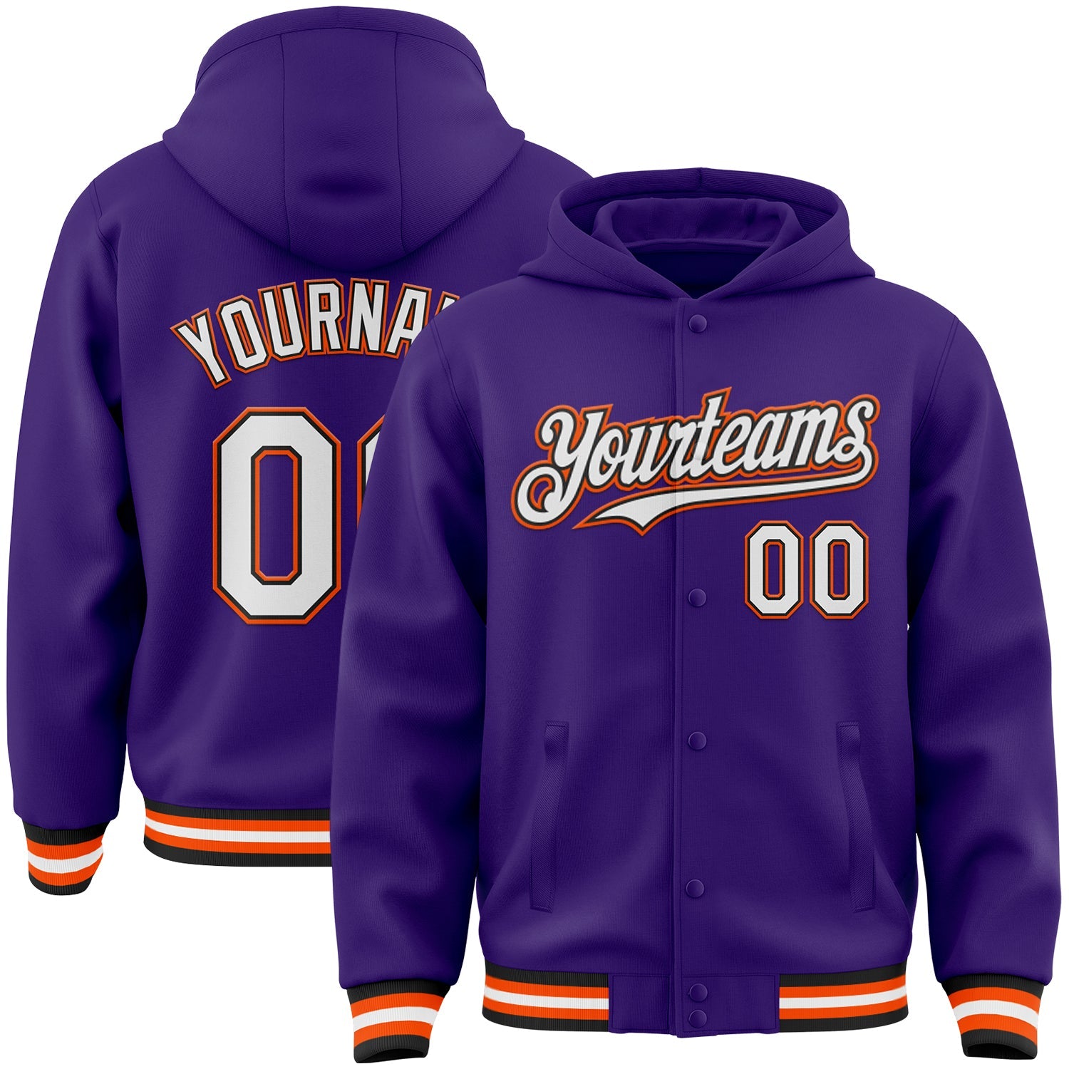 Custom Purple Black-Orange Bomber Full-Snap Varsity Letterman Hoodie Jacket - Main View