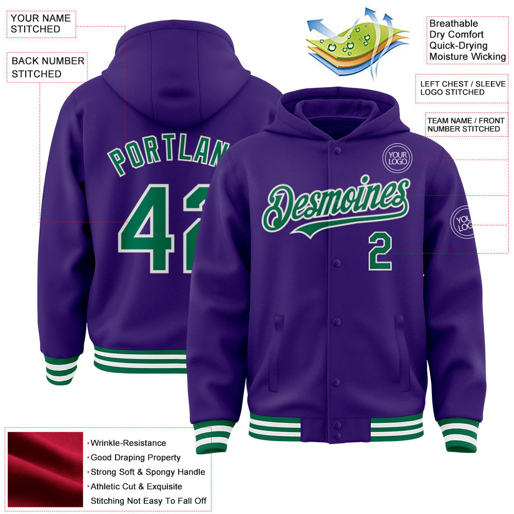 Custom Purple Kelly Green-White Bomber Full-Snap Varsity Letterman Hoodie Jacket view 3