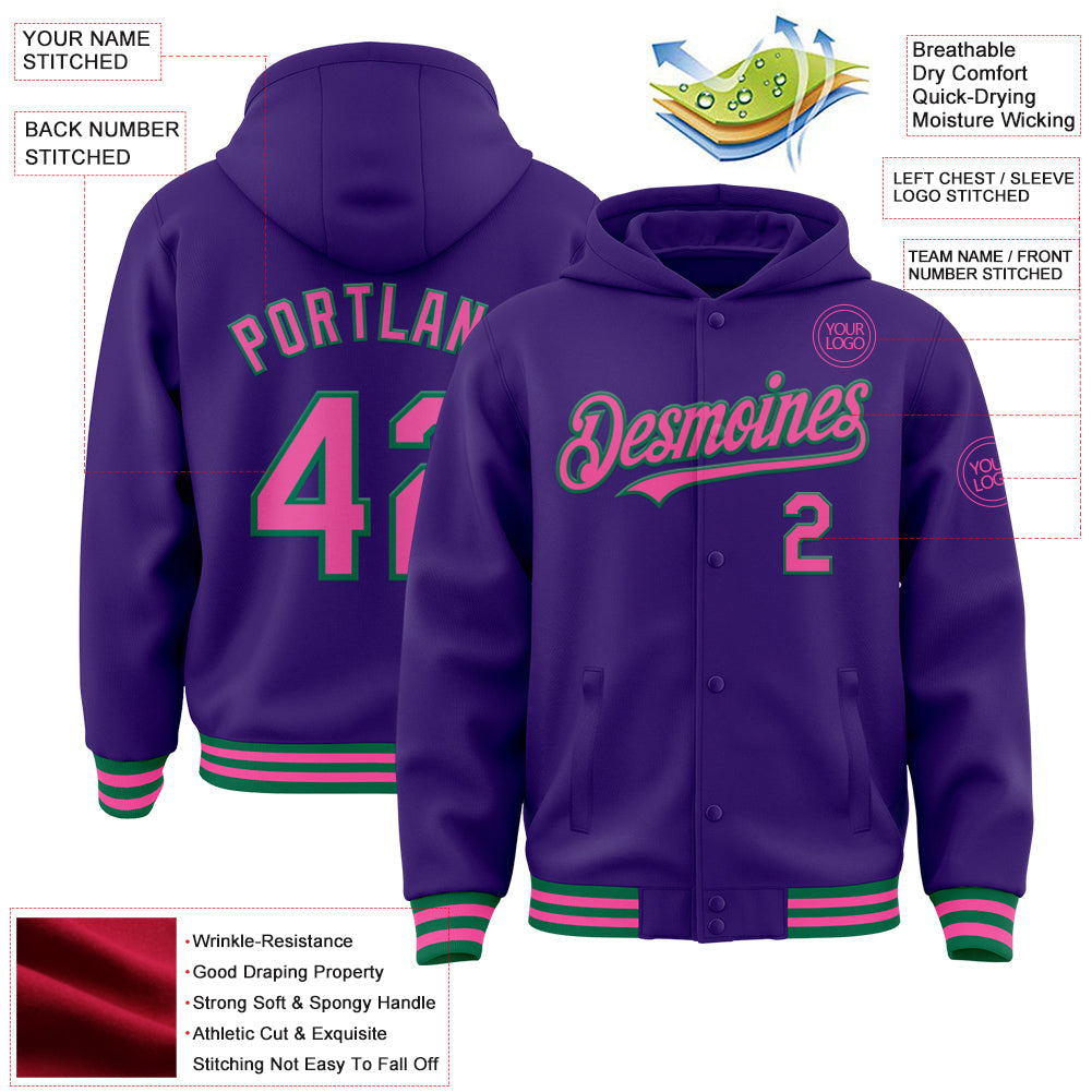 Custom Purple Pink-Kelly Green Bomber Full-Snap Varsity Letterman Hoodie Jacket view 3