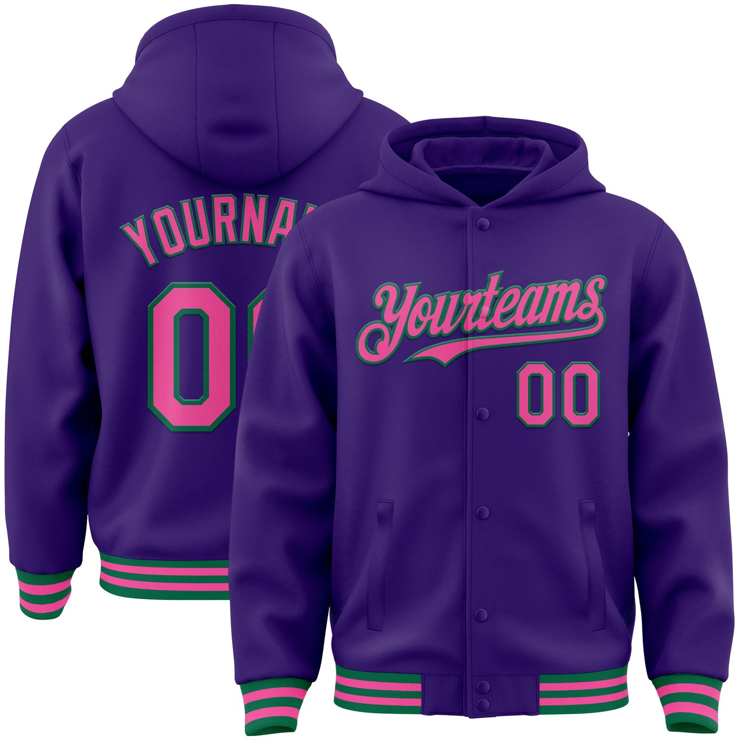 Custom Purple Pink-Kelly Green Bomber Full-Snap Varsity Letterman Hoodie Jacket - Main View