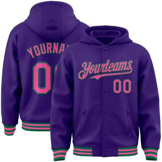 Custom Purple Pink-Kelly Green Bomber Full-Snap Varsity Letterman Hoodie Jacket - Main View