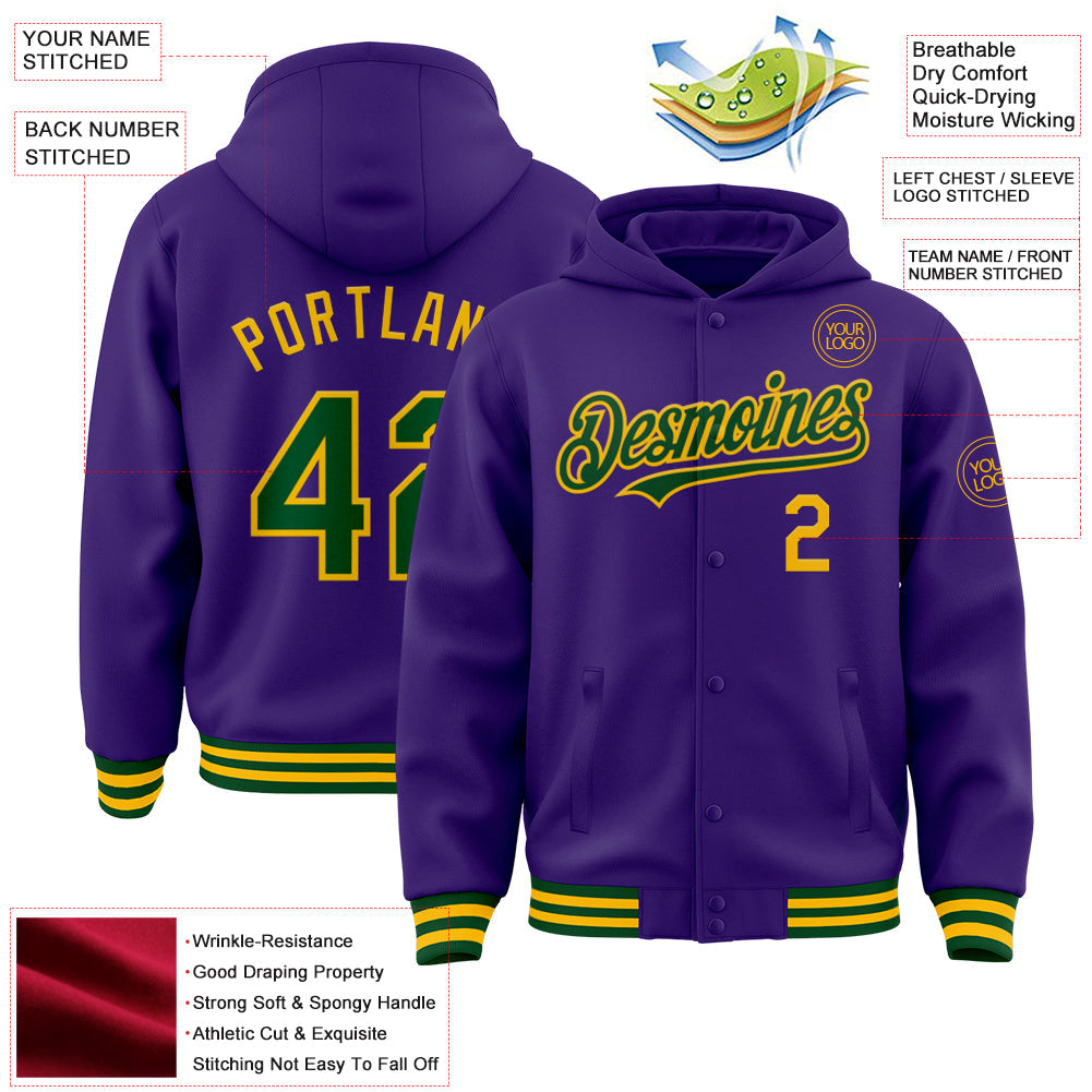 Custom Purple Green-Gold Bomber Full-Snap Varsity Letterman Hoodie Jacket view 3