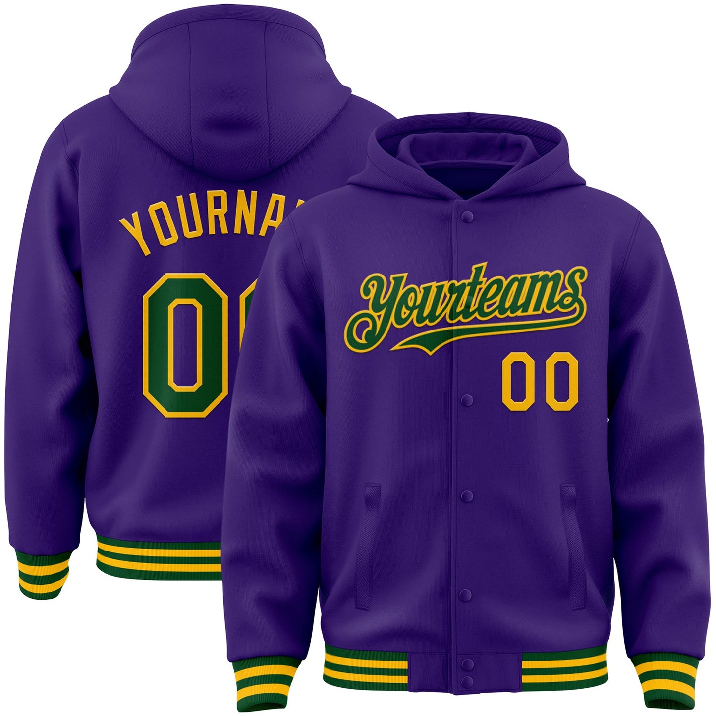 Custom Purple Green-Gold Bomber Full-Snap Varsity Letterman Hoodie Jacket - Main View