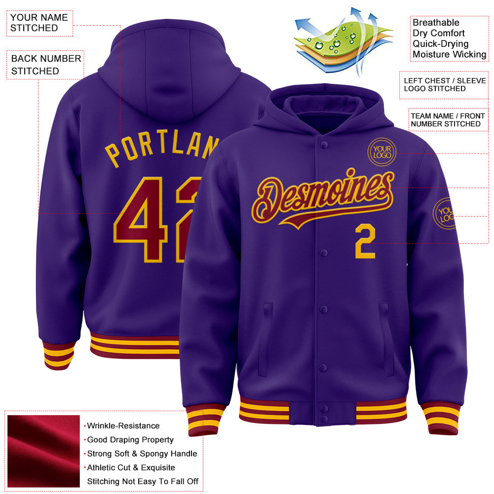 Custom Purple Crimson-Gold Bomber Full-Snap Varsity Letterman Hoodie Jacket view 3