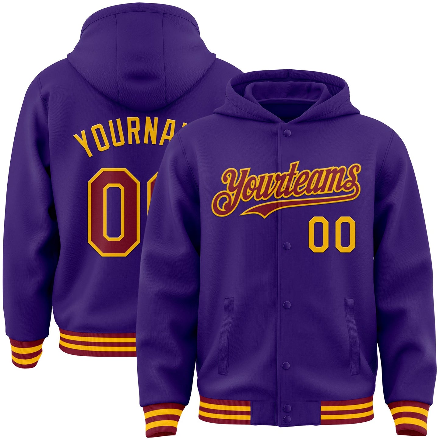 Custom Purple Crimson-Gold Bomber Full-Snap Varsity Letterman Hoodie Jacket - Main View