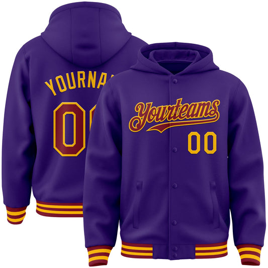 Custom Purple Crimson-Gold Bomber Full-Snap Varsity Letterman Hoodie Jacket - Main View