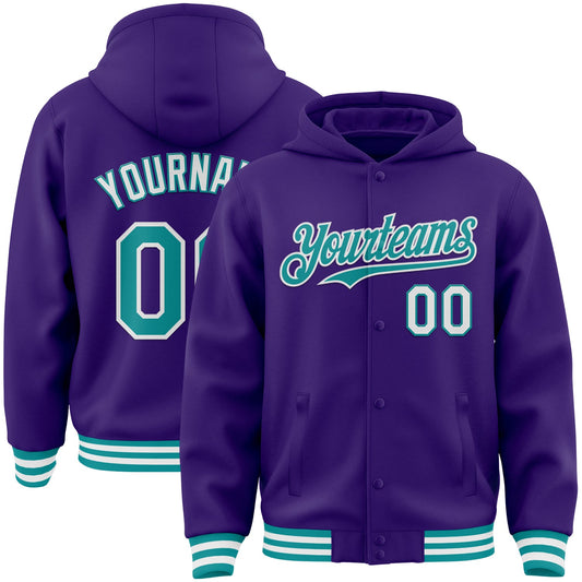 Custom Purple Teal-White Bomber Full-Snap Varsity Letterman Hoodie Jacket - Main View