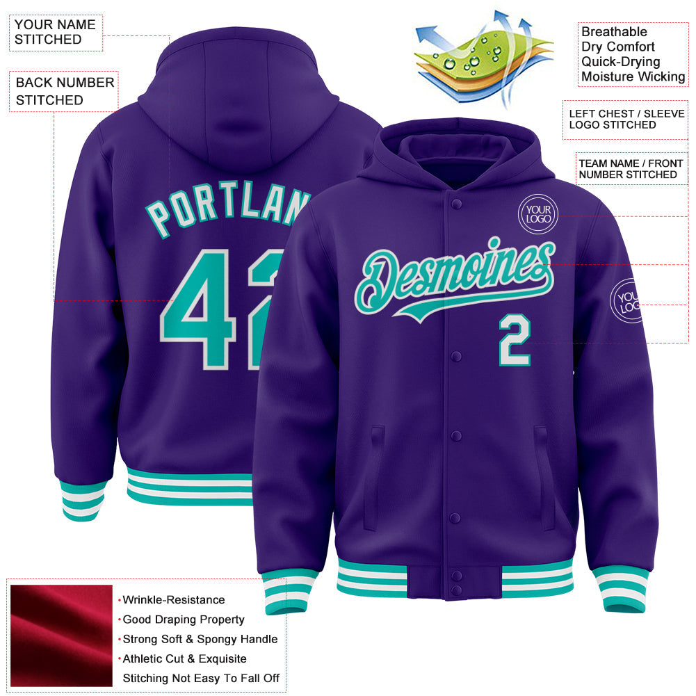 Custom Purple Aqua-White Bomber Full-Snap Varsity Letterman Hoodie Jacket view 3