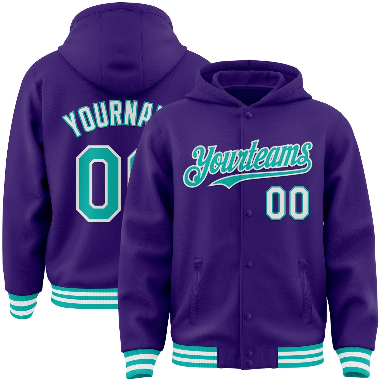 Custom Purple Aqua-White Bomber Full-Snap Varsity Letterman Hoodie Jacket - Main View