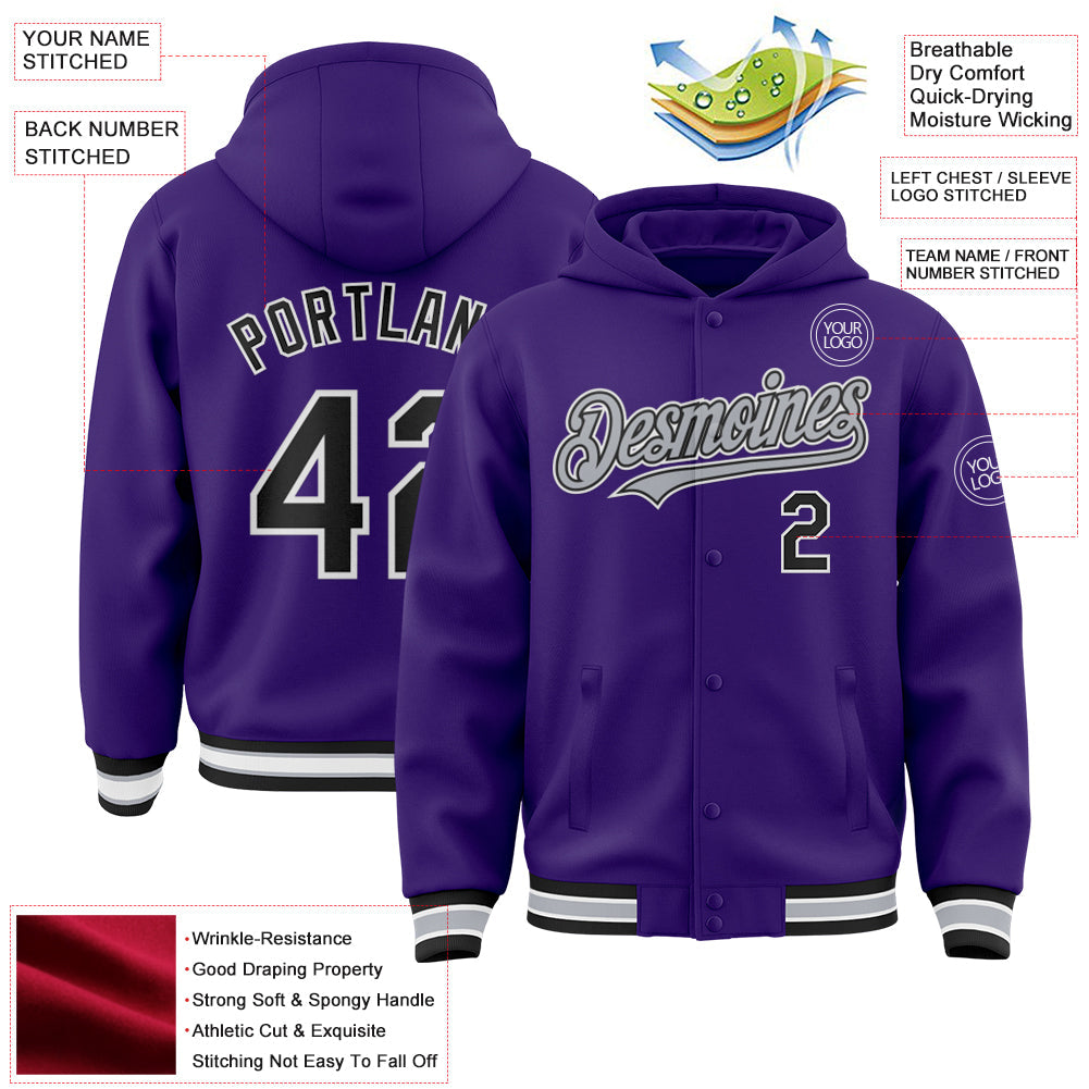 Custom Purple Black-Gray Bomber Full-Snap Varsity Letterman Hoodie Jacket view 3
