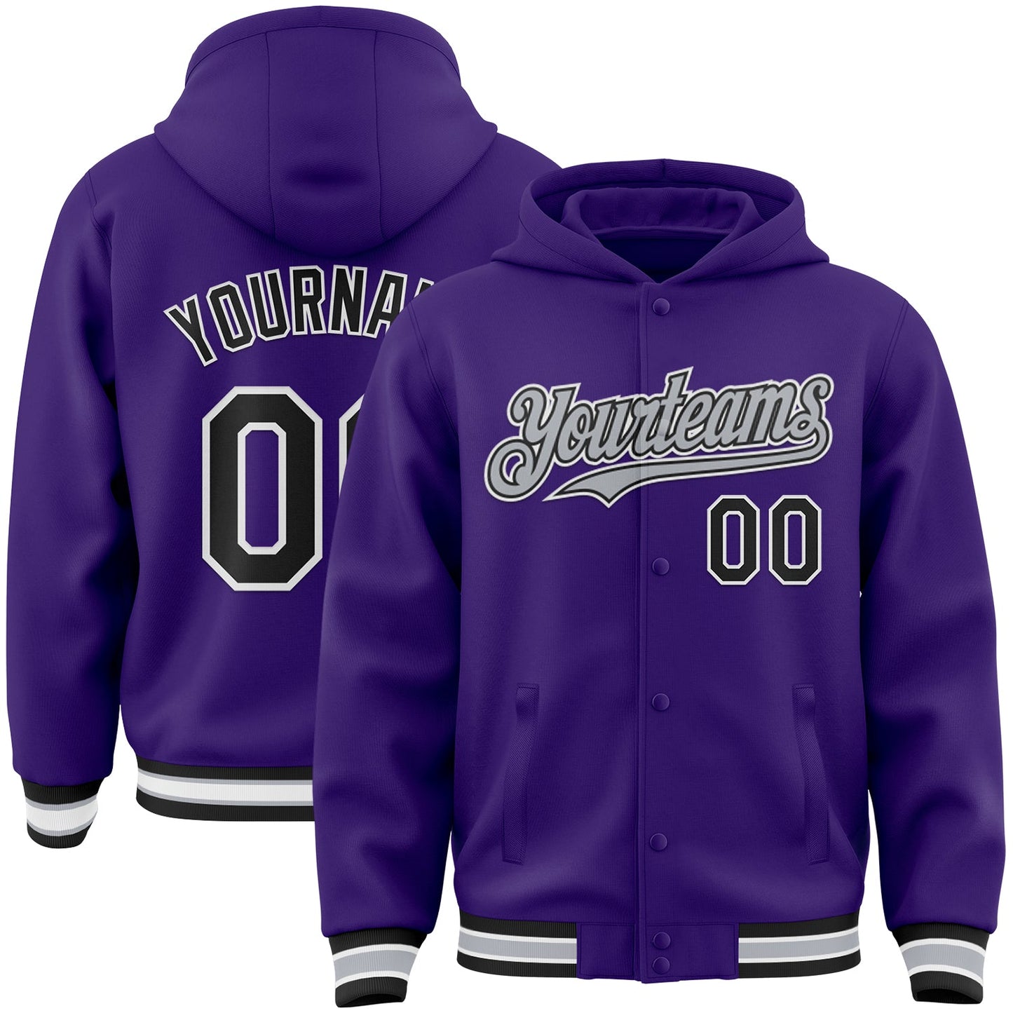 Custom Purple Black-Gray Bomber Full-Snap Varsity Letterman Hoodie Jacket - Main View