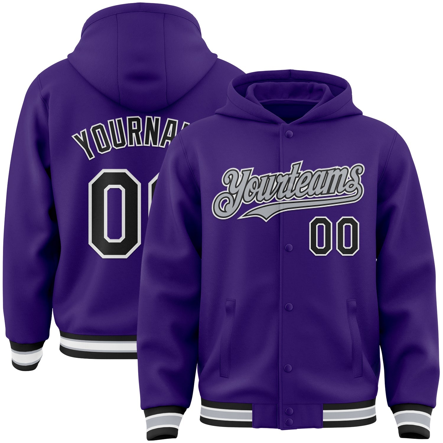 Custom Purple Black-Gray Bomber Full-Snap Varsity Letterman Hoodie Jacket - Main View