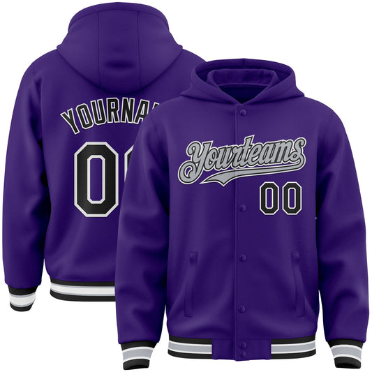 Custom Purple Black-Gray Bomber Full-Snap Varsity Letterman Hoodie Jacket - Main View