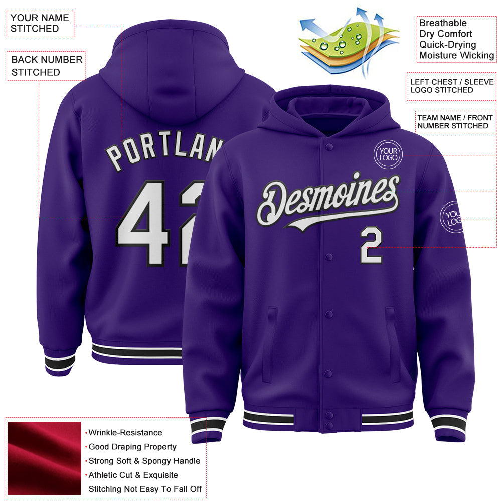 Custom Purple White-Black Bomber Full-Snap Varsity Letterman Hoodie Jacket view 3