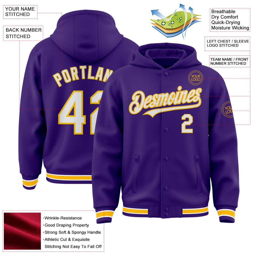 Custom Purple White-Gold Bomber Full-Snap Varsity Letterman Hoodie Jacket view 3