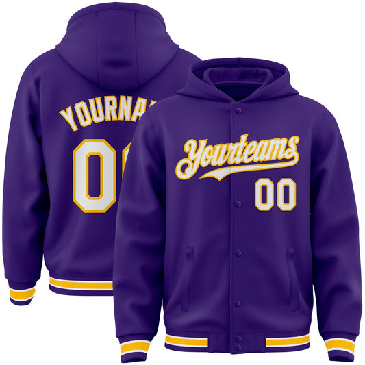 Custom Purple White-Gold Bomber Full-Snap Varsity Letterman Hoodie Jacket - Main View