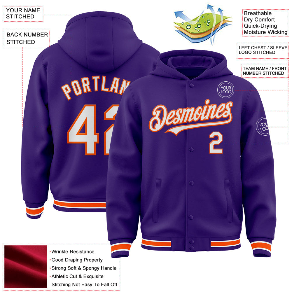 Custom Purple White-Orange Bomber Full-Snap Varsity Letterman Hoodie Jacket view 3