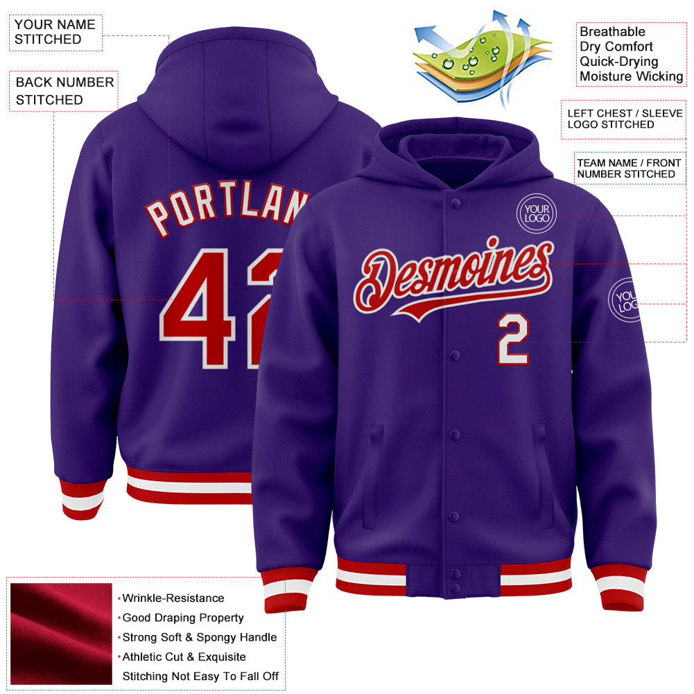 Custom Purple Red-White Bomber Full-Snap Varsity Letterman Hoodie Jacket view 3