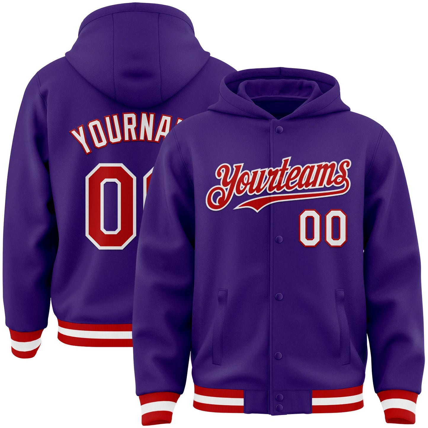 Custom Purple Red-White Bomber Full-Snap Varsity Letterman Hoodie Jacket - Main View
