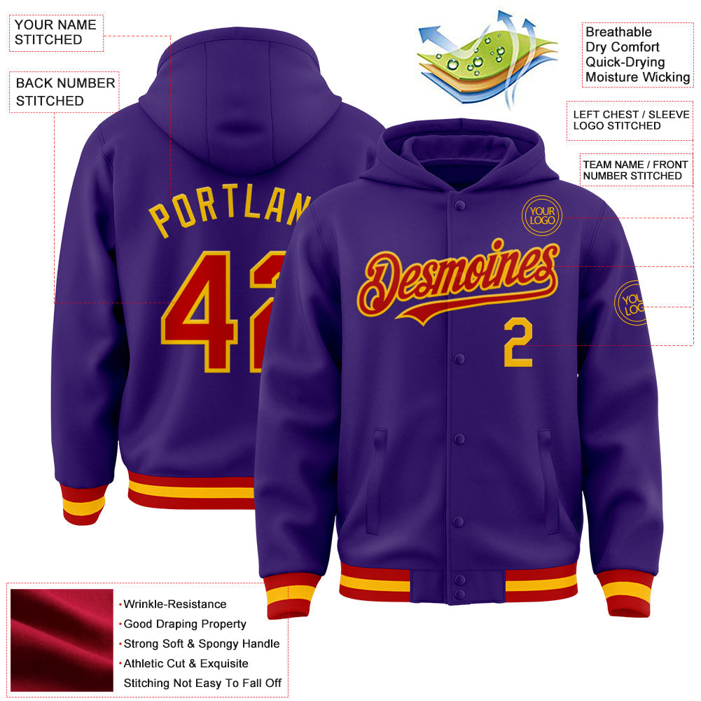 Custom Purple Red-Gold Bomber Full-Snap Varsity Letterman Hoodie Jacket view 3