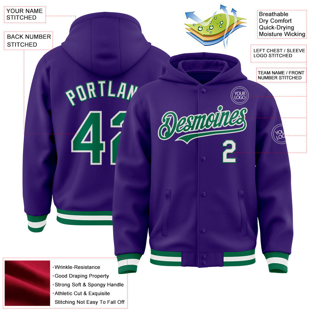 Custom Purple Kelly Green-White Bomber Full-Snap Varsity Letterman Hoodie Jacket view 3