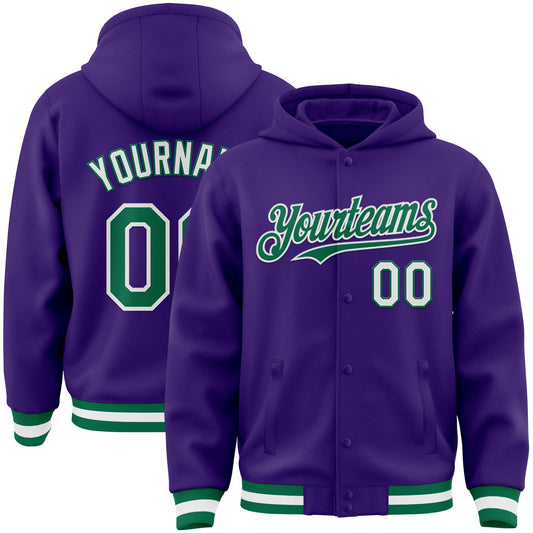 Custom Purple Kelly Green-White Bomber Full-Snap Varsity Letterman Hoodie Jacket - Main View