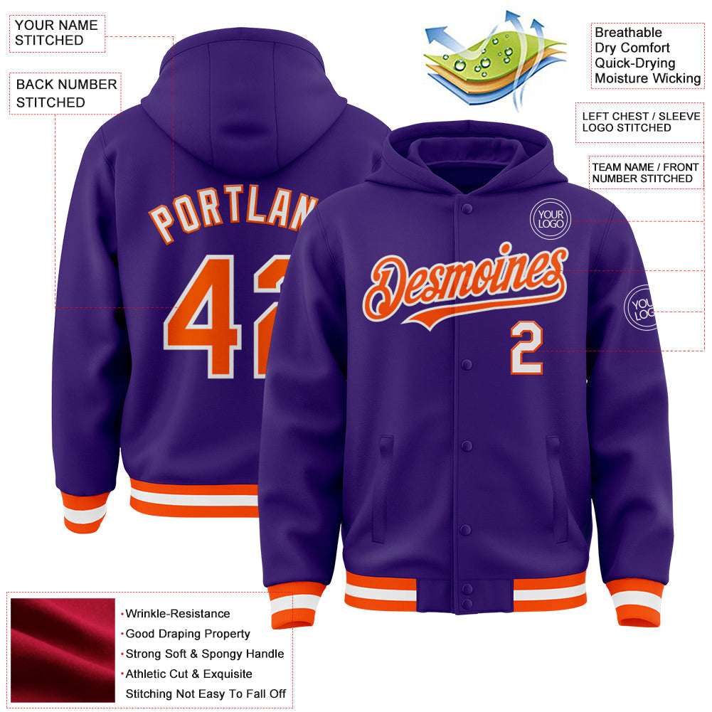 Custom Purple Orange-White Bomber Full-Snap Varsity Letterman Hoodie Jacket view 3