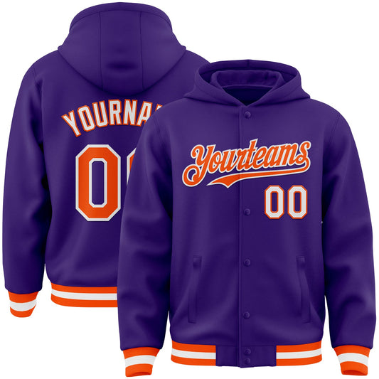 Custom Purple Orange-White Bomber Full-Snap Varsity Letterman Hoodie Jacket - Main View