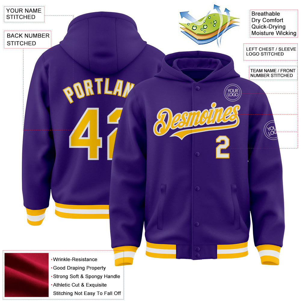 Custom Purple Gold-White Bomber Full-Snap Varsity Letterman Hoodie Jacket view 3