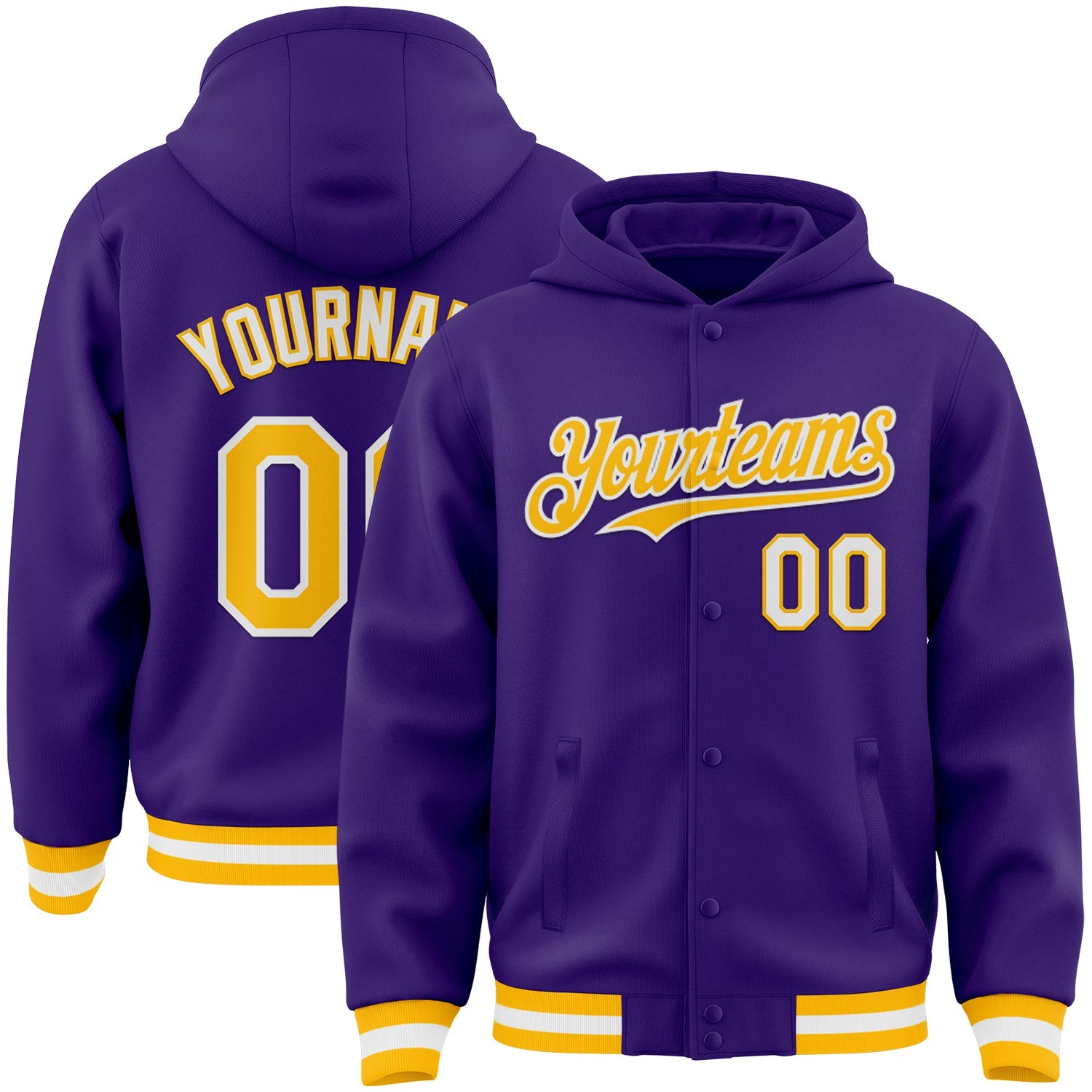 Custom Purple Gold-White Bomber Full-Snap Varsity Letterman Hoodie Jacket - Main View