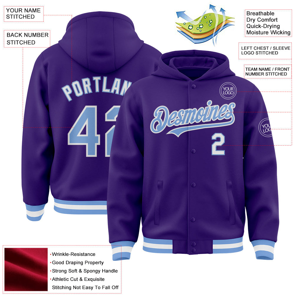 Custom Purple Light Blue-White Bomber Full-Snap Varsity Letterman Hoodie Jacket view 3